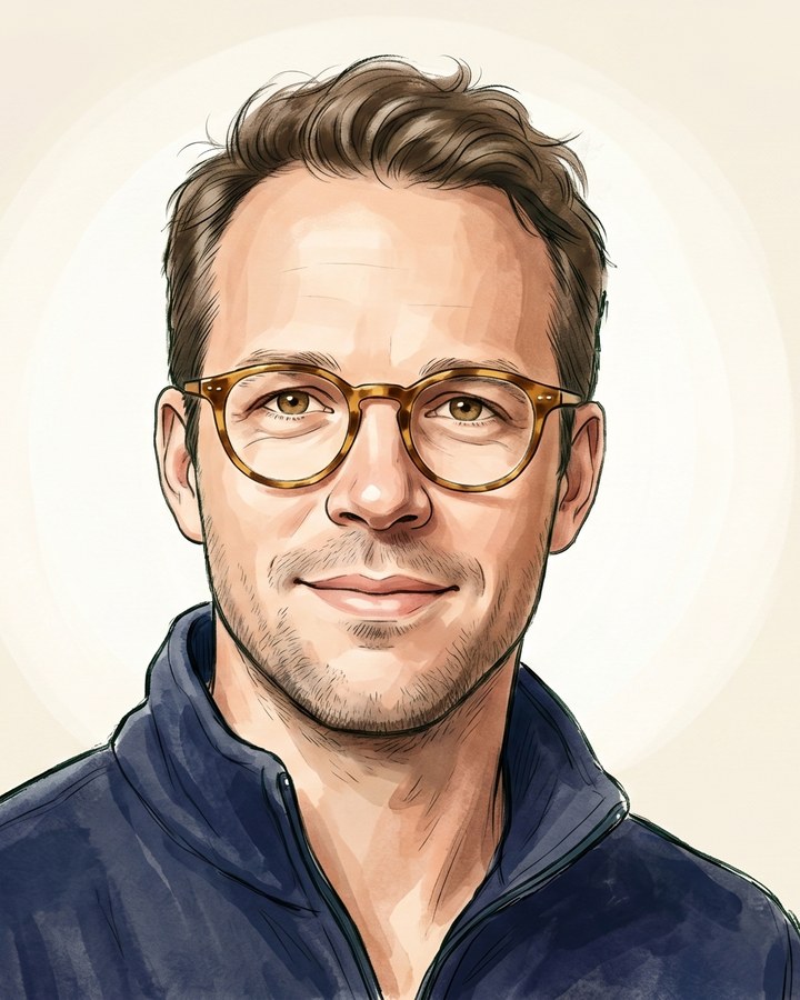 Daniel — illustrated portrait, navy fleece, honey-tortoiseshell glasses